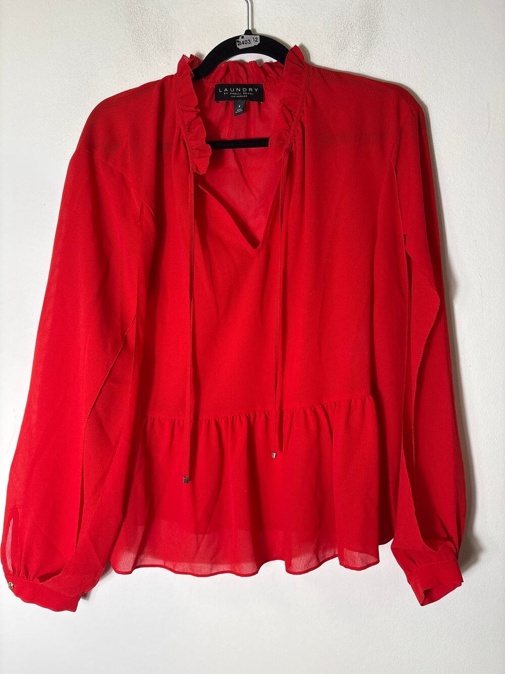 Laundry Red Long Sleeve Sheer V-Neck Shirt Sz S